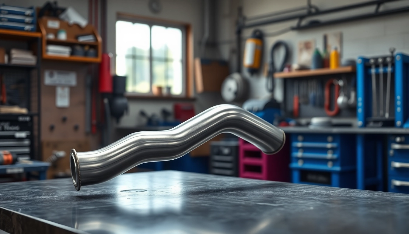Showcasing the robust design of a single midpipe on a workshop bench amidst automotive tools.