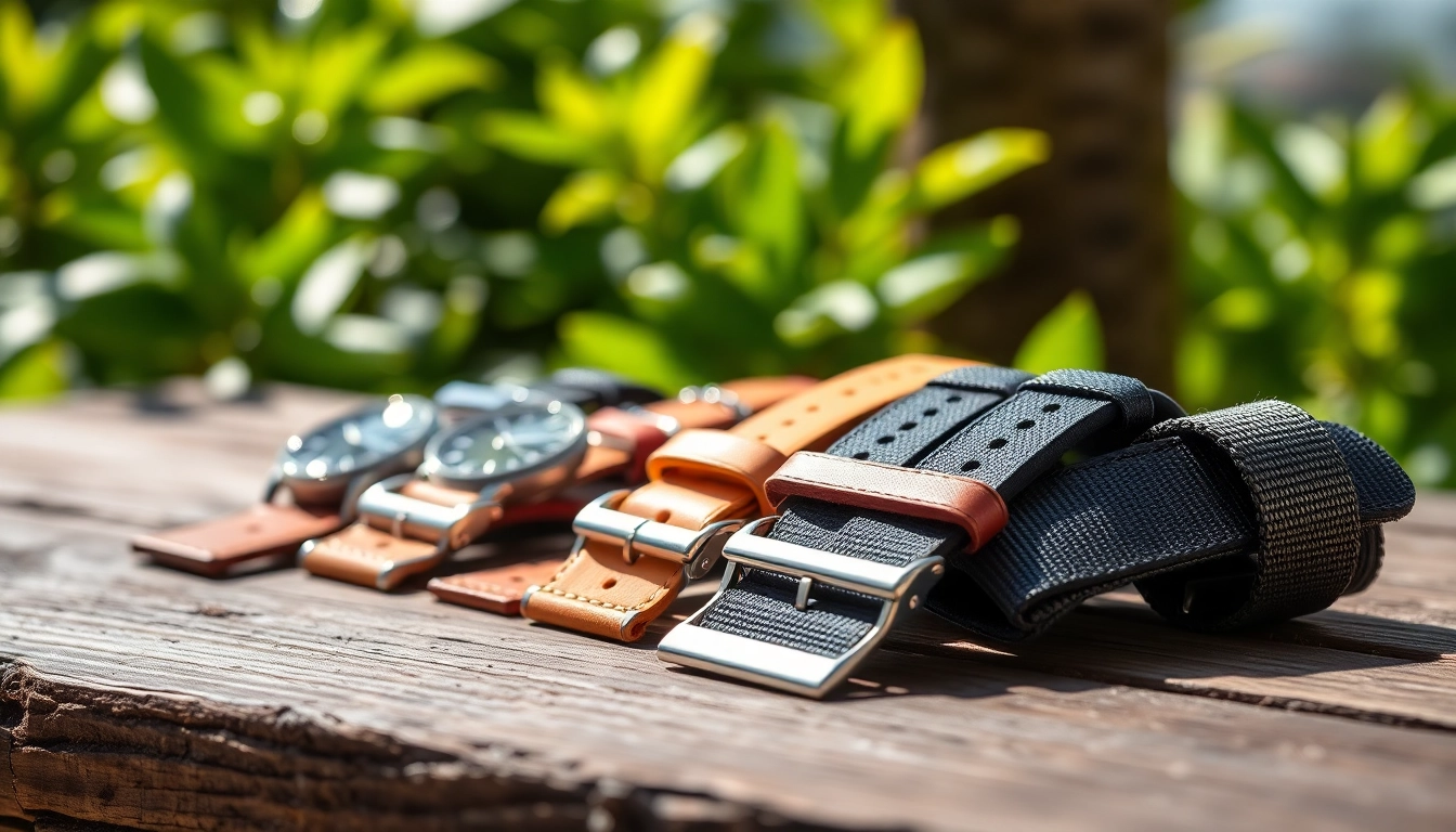 Explore exquisite watch straps featuring various textures and colors on a rustic surface.