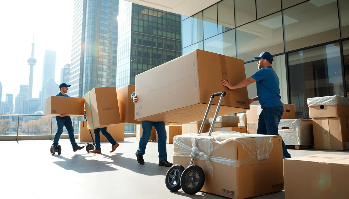 Movers efficiently organizing belongings as part of Toronto moving services in a modern city.