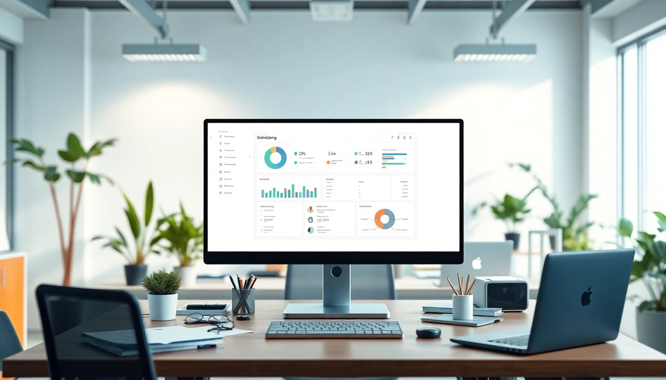 Showcase of best all in one business management software in a productive office setting, highlighting a centralized workspace.