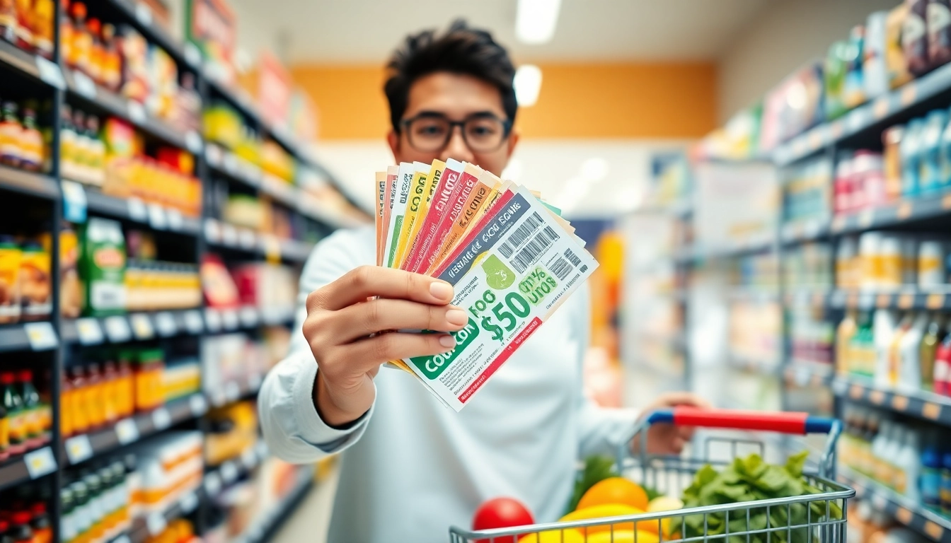 Shopper showcasing Coupons while excitedly shopping for groceries in a vibrant supermarket.