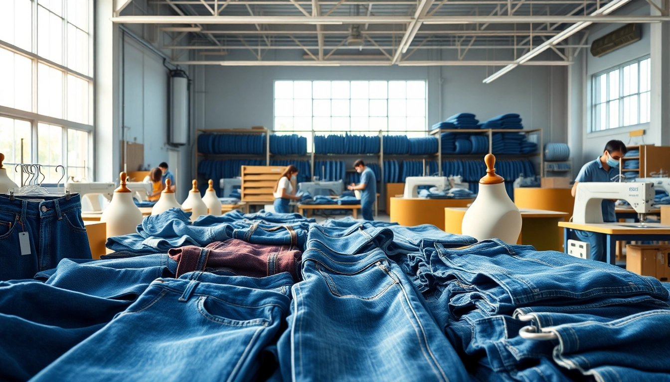 Discover unique styles from wholesale jeans manufacturers creating high-quality denim in a vibrant facility.