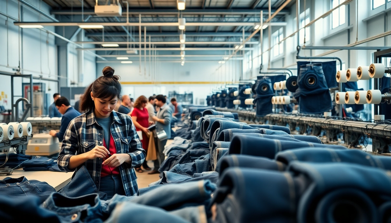 Showcase of wholesale jeans manufacturers creating high-quality jeans in a vibrant factory setting.