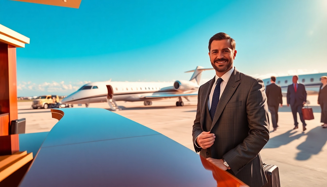 Experience the private aviation concierge assisting wealthy clients at a luxurious private jet terminal.