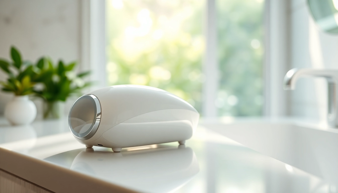 Apply md quasar device for radiant skin results on a stylish countertop.