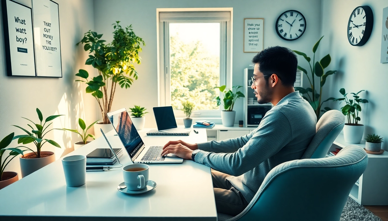 Freelancer focused on making money online in a modern home office.