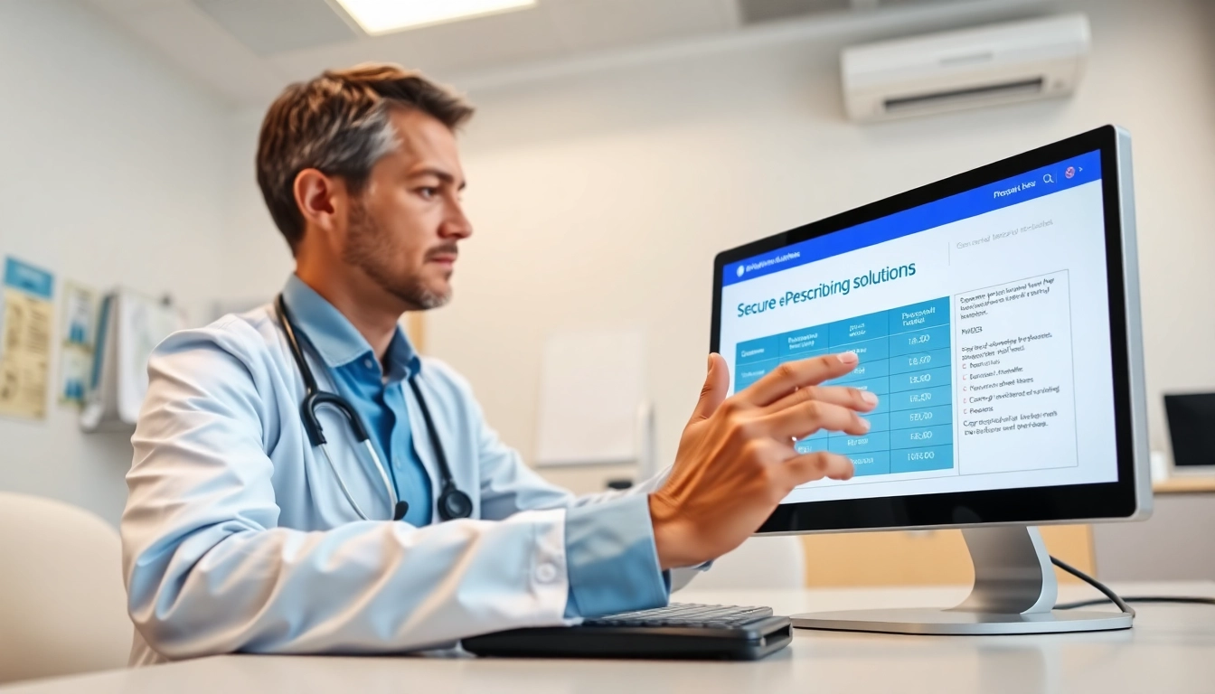 Showcasing secure ePrescribing solutions on a healthcare professional's monitor in a warm clinic.